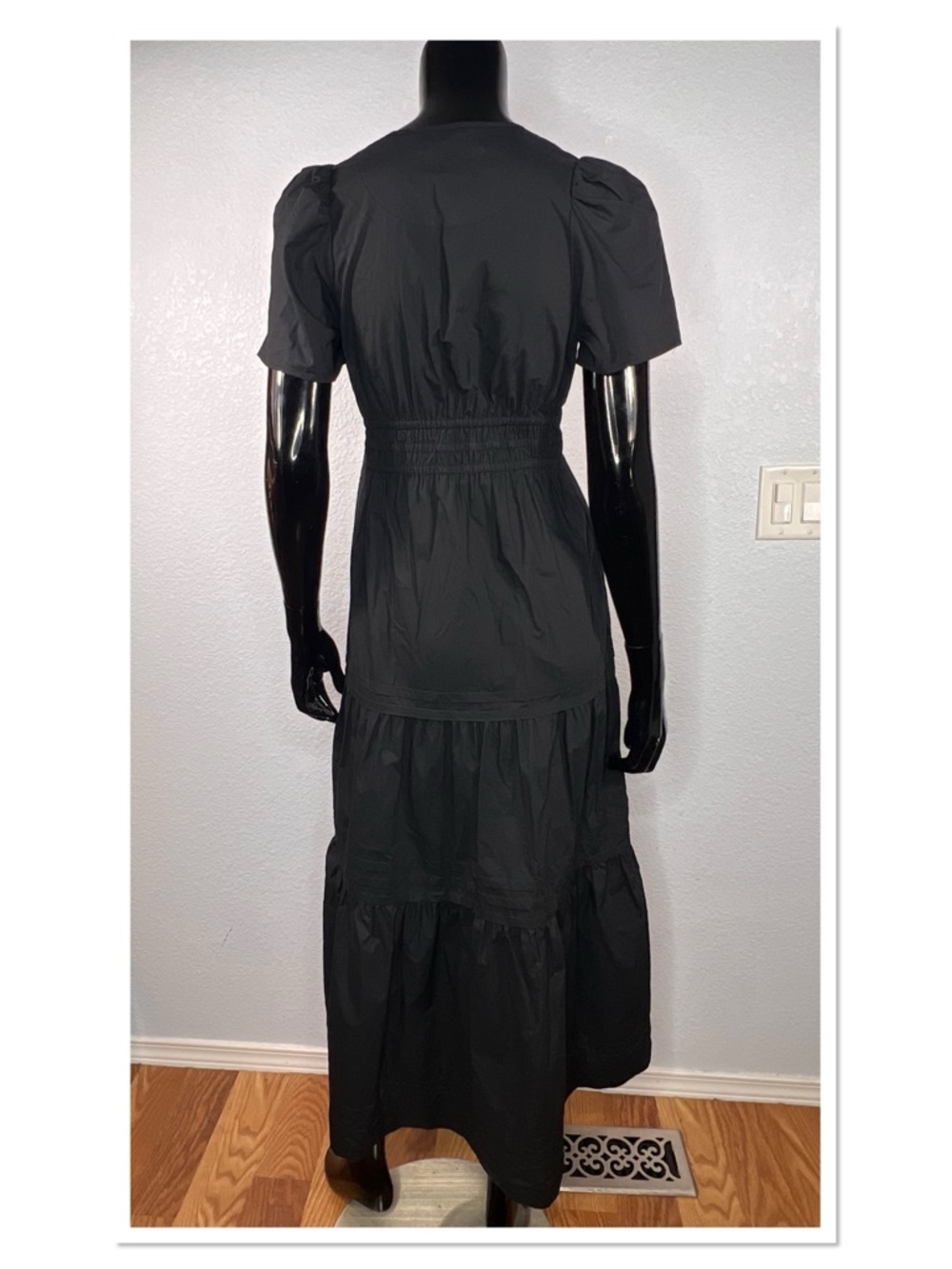 Quince Black Tiered Puff-Sleeve 100% Organic Cotton Poplin Maxi Dress Sz S - Picture 6 of 10
